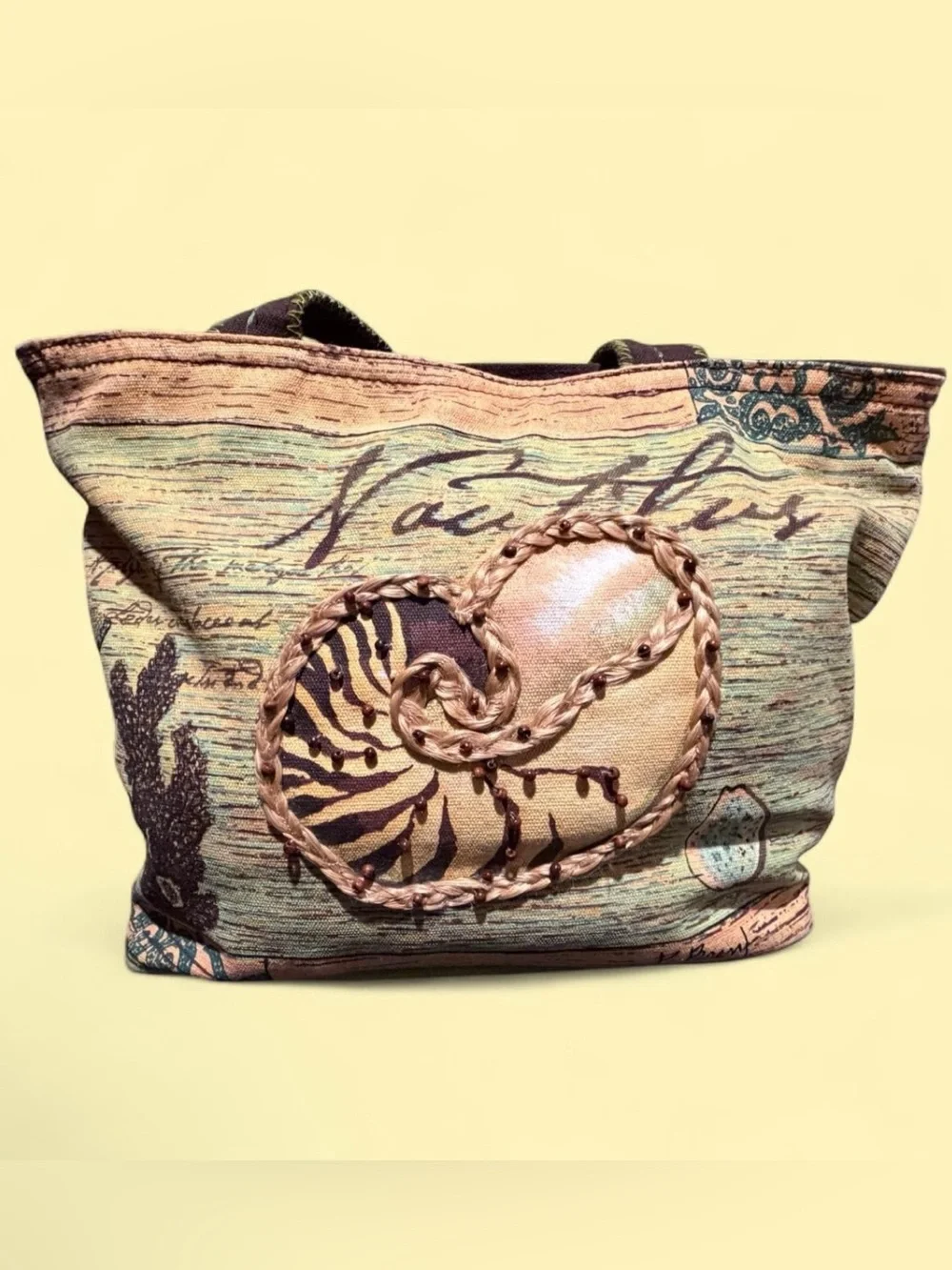 PAUL BRENT NAUTILUS SEASHELL CANVAS TOTE  PURSE TOTE BEACH BAG SUNNSAND